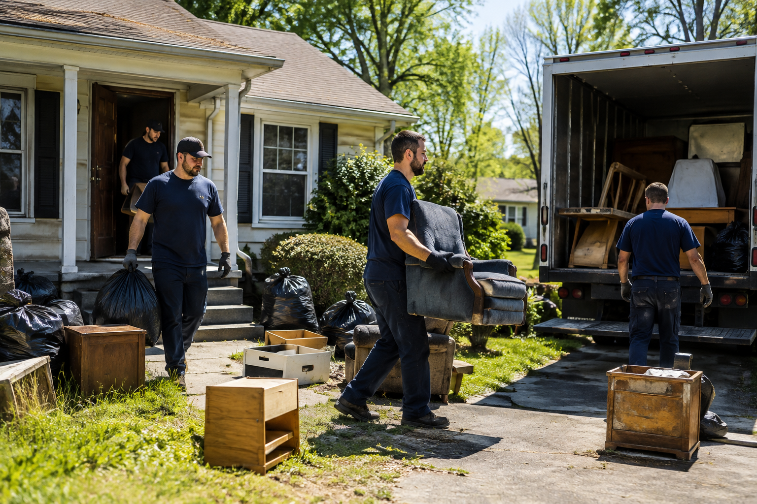 Property cleanout crew sorting and removing approved household contents from rooms and storage areas.