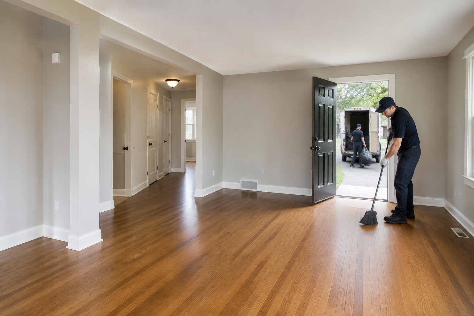Empty residential room after a property cleanout, with a worker completing the final sweep.