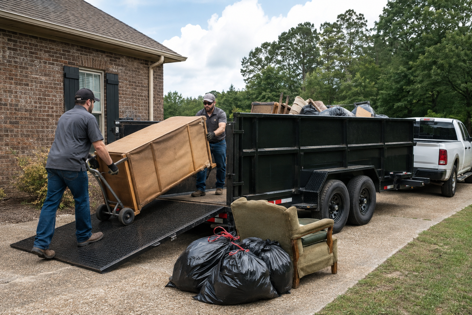 Property cleanout crew loading a large unwanted dresser into an open-top dump trailer using a lowered rear ramp.