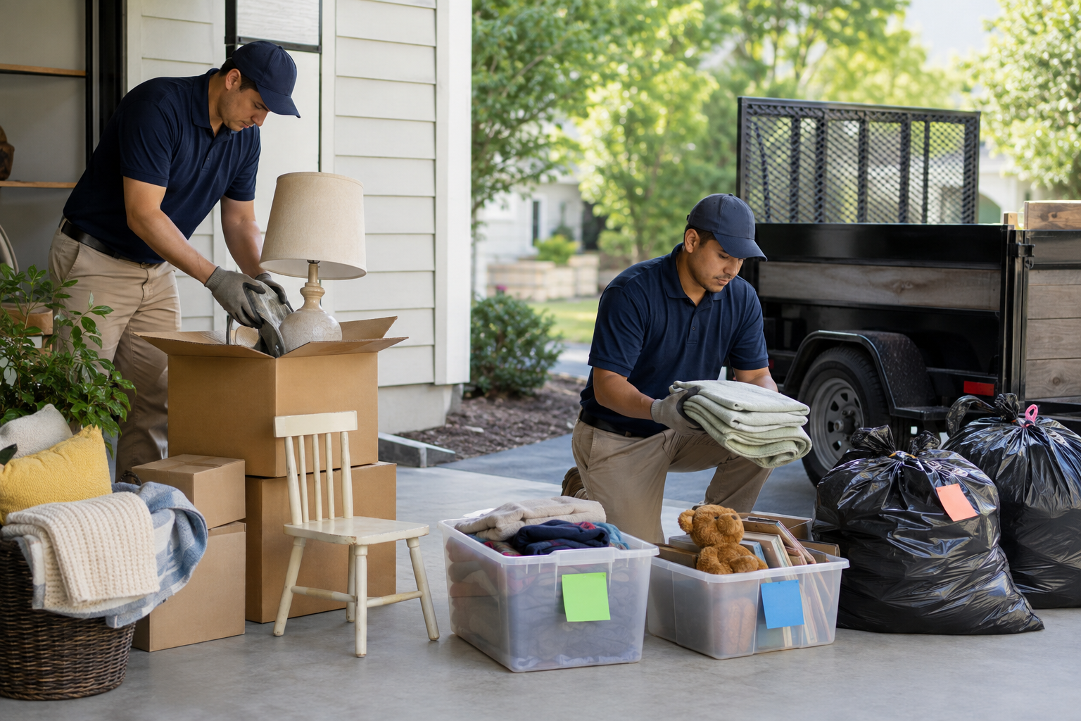 Property cleanout team sorting household items into keep, donate, and discard groups beside a utility trailer.