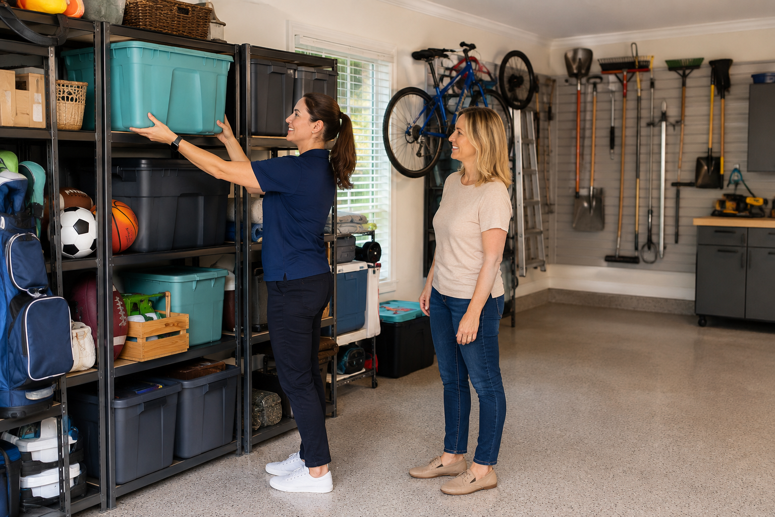 Organized garage storage with safe walking paths and clearly grouped household, tool, and seasonal zones.