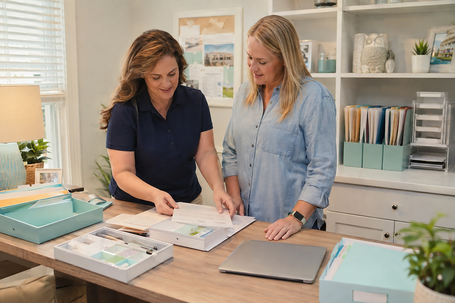 Organized home office with clear zones for paperwork, supplies, cords, and daily work.
