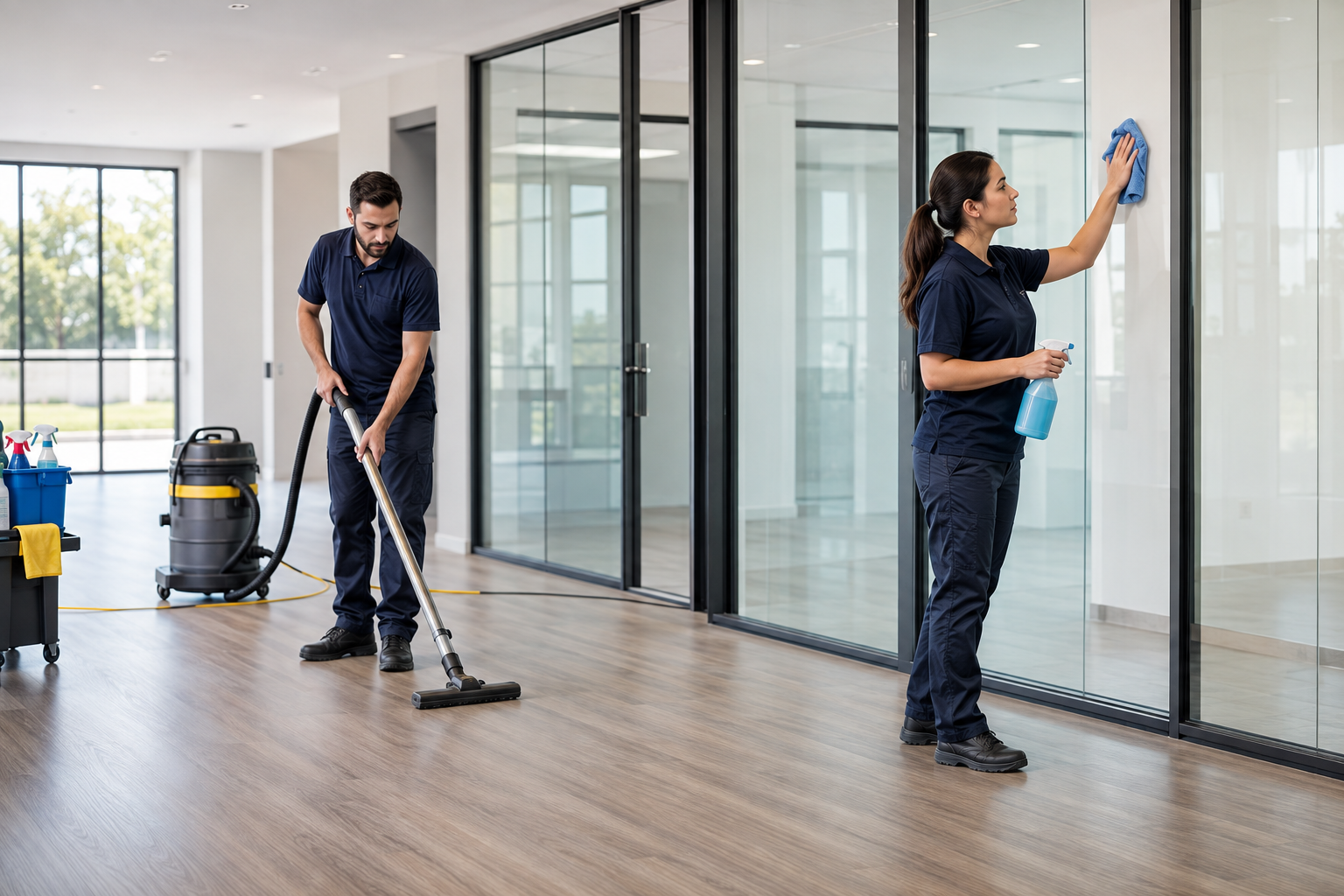 Commercial construction cleaning team completing final floor and interior-glass touch-up work before project turnover.