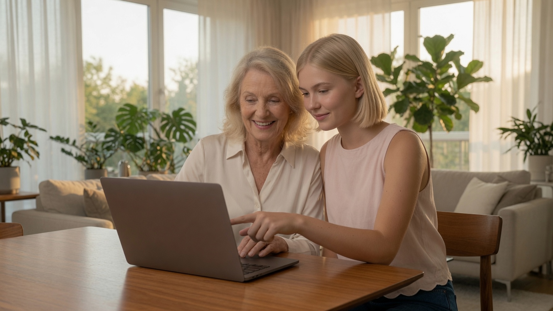 My grandma and me at her dining table, going through her photo book on the laptop together.