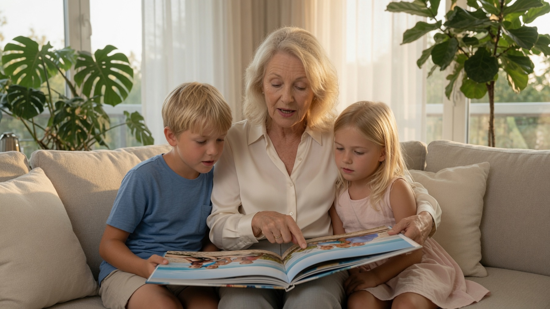 My grandma on the sofa with two of her grandchildren, the three of them looking through her finished photo book.