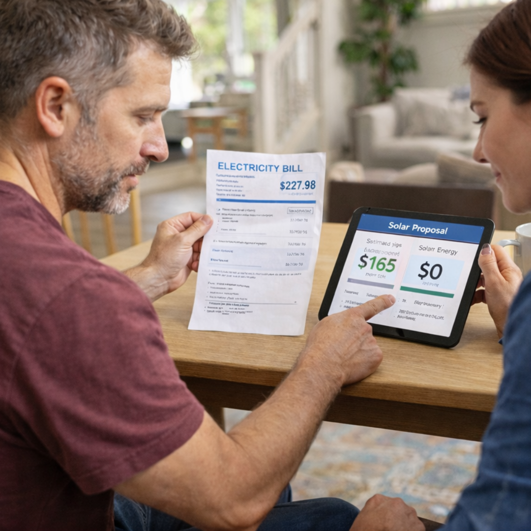 Homeowners comparing electric bill vs solar proposal to lower energy costs
