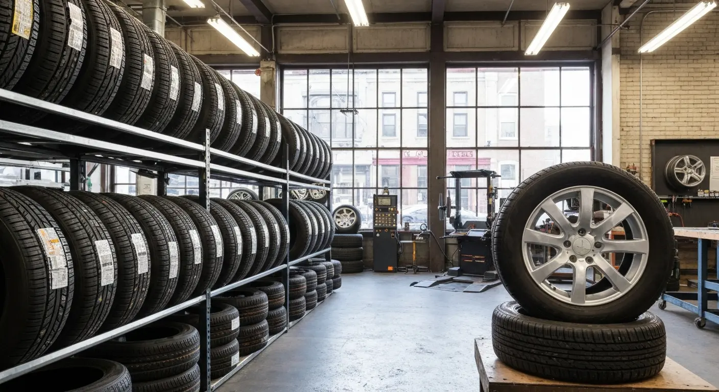 New and used tire display in Waltham tire shop