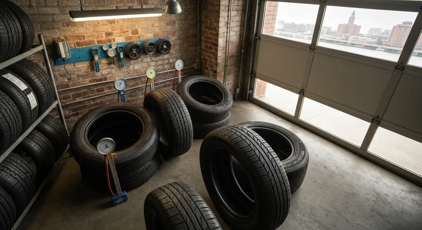 Experienced tire technician checking tread