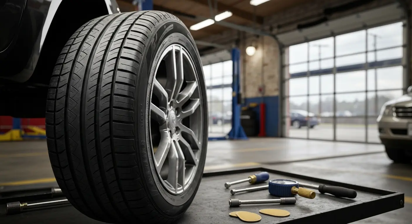 Technician repairing flat tire