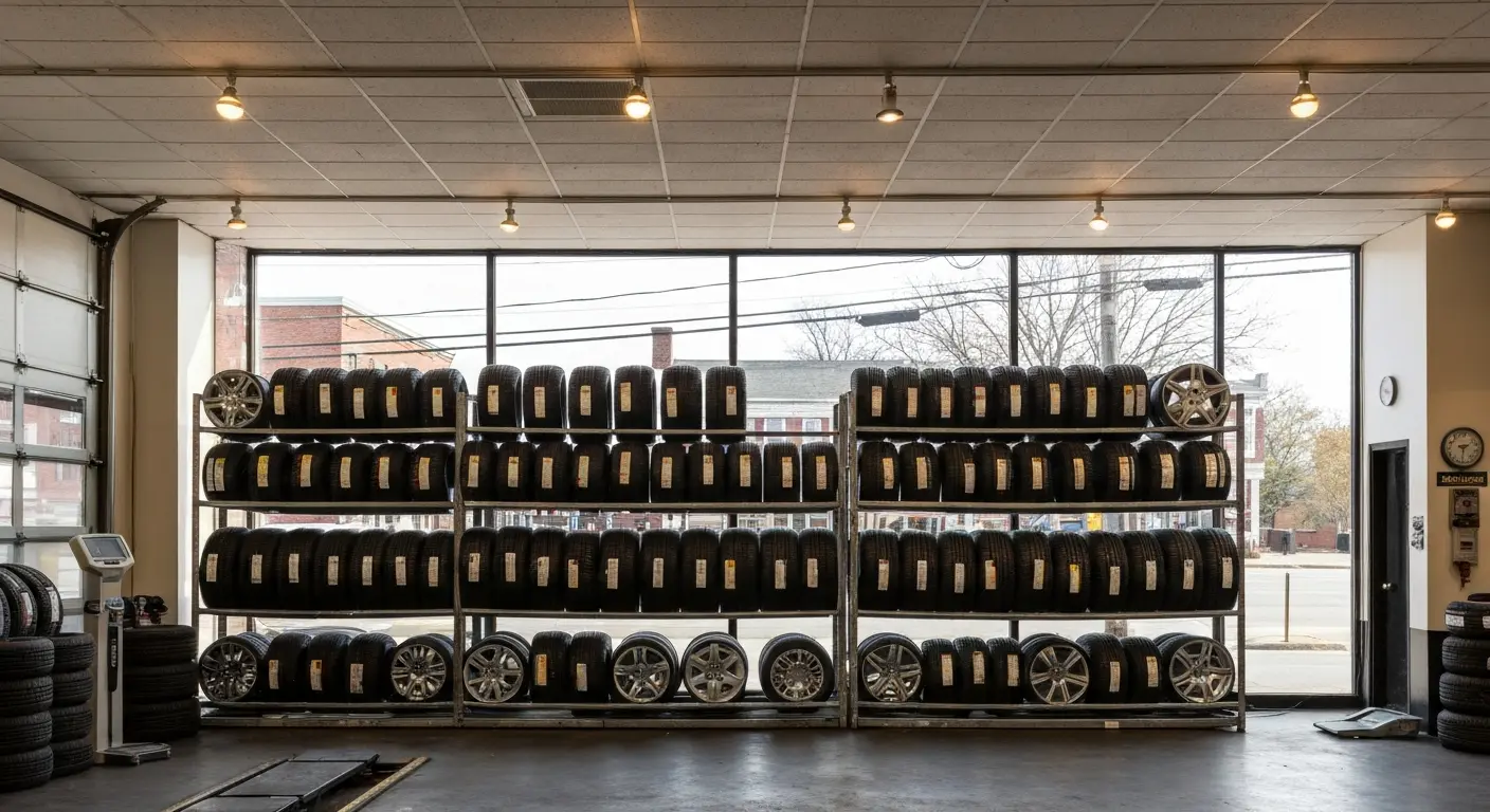 Tire shop shelves with various tire brands