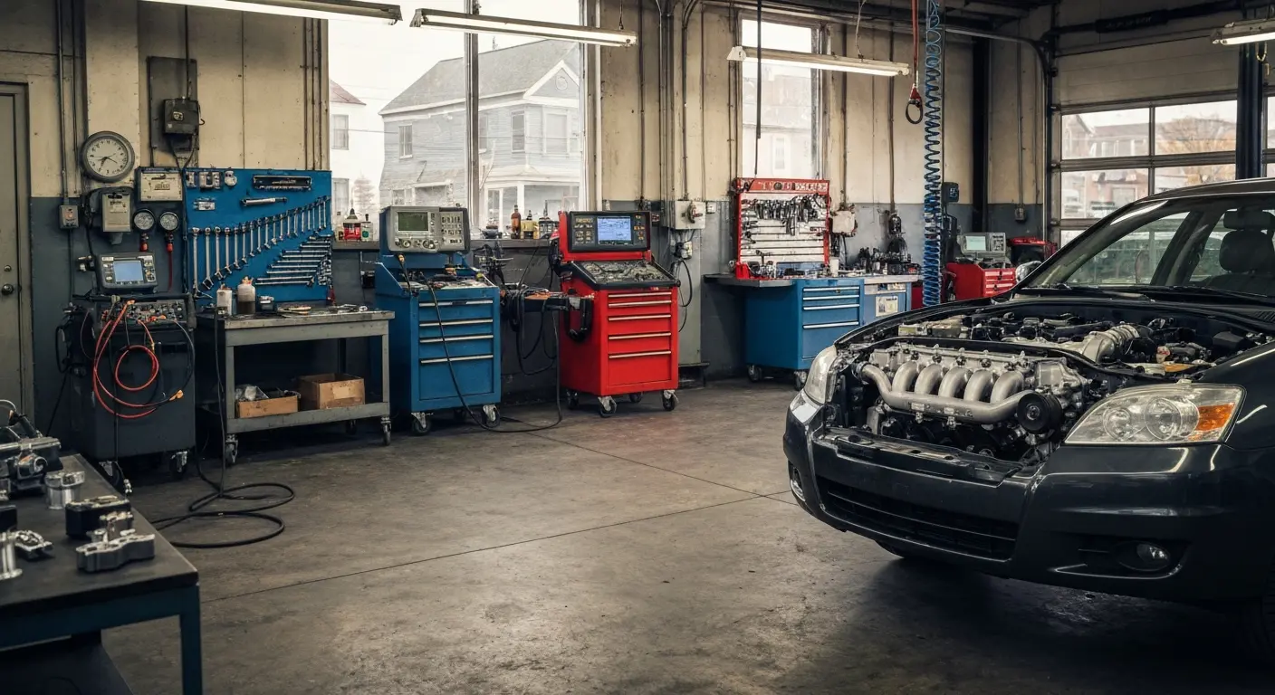 Full-service auto repair bay with technician