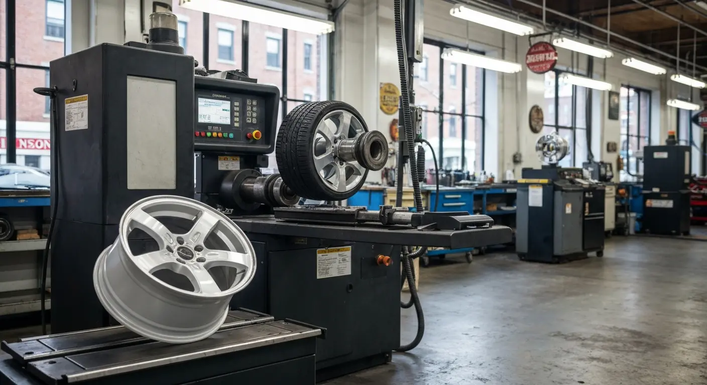 Tire balancing machine in action