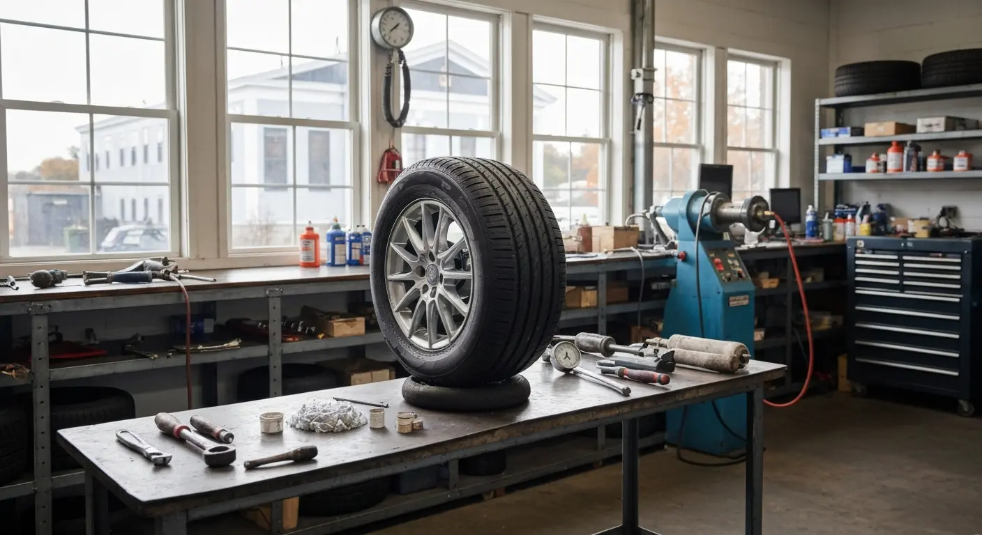 Tire repair and maintenance service being performed