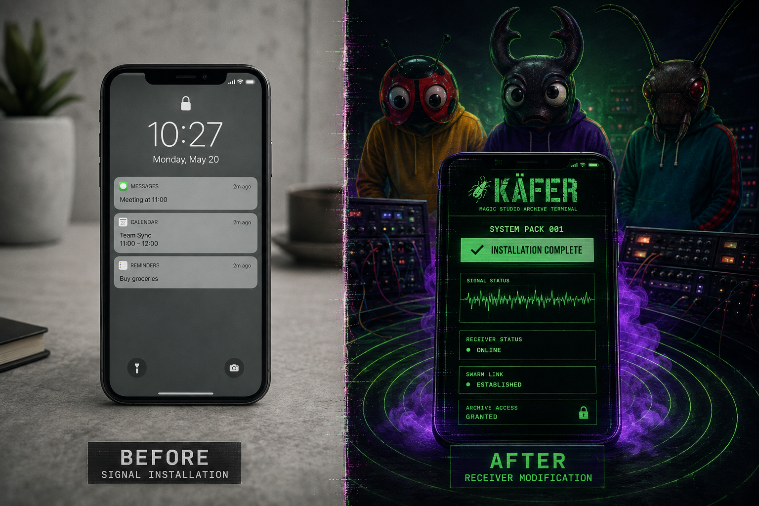 Before and after — standard device receiver transformed into a swarm-linked operative unit
