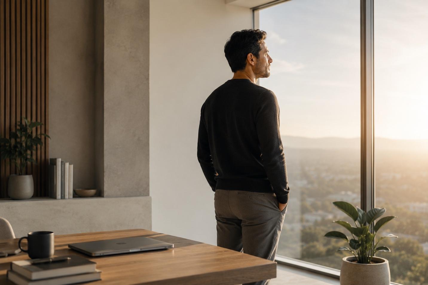 Man in sweater looking out the window