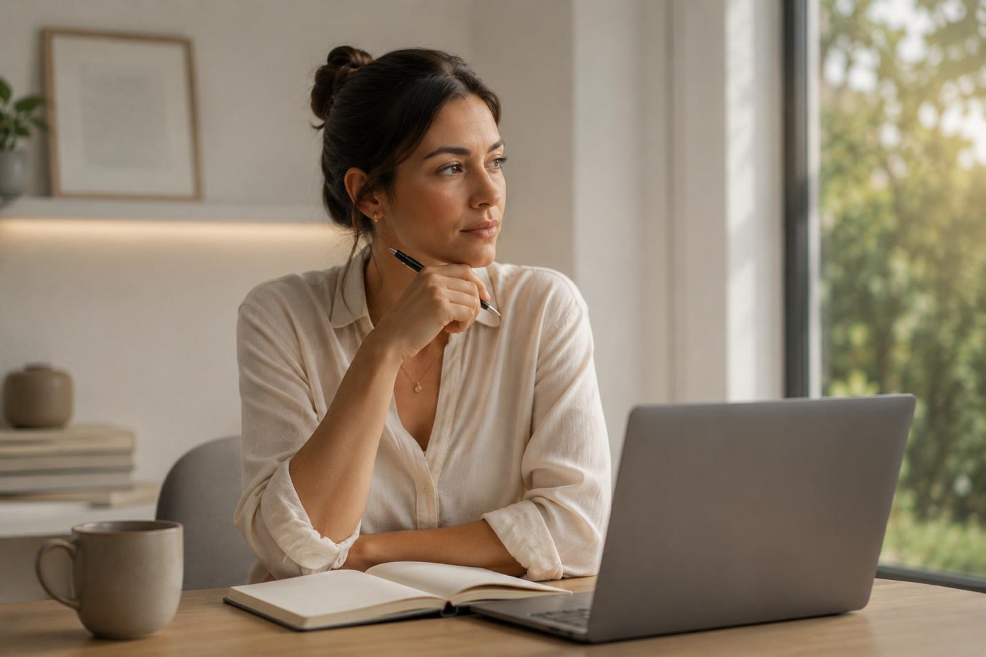 Woman working at desk in front of a laptop
