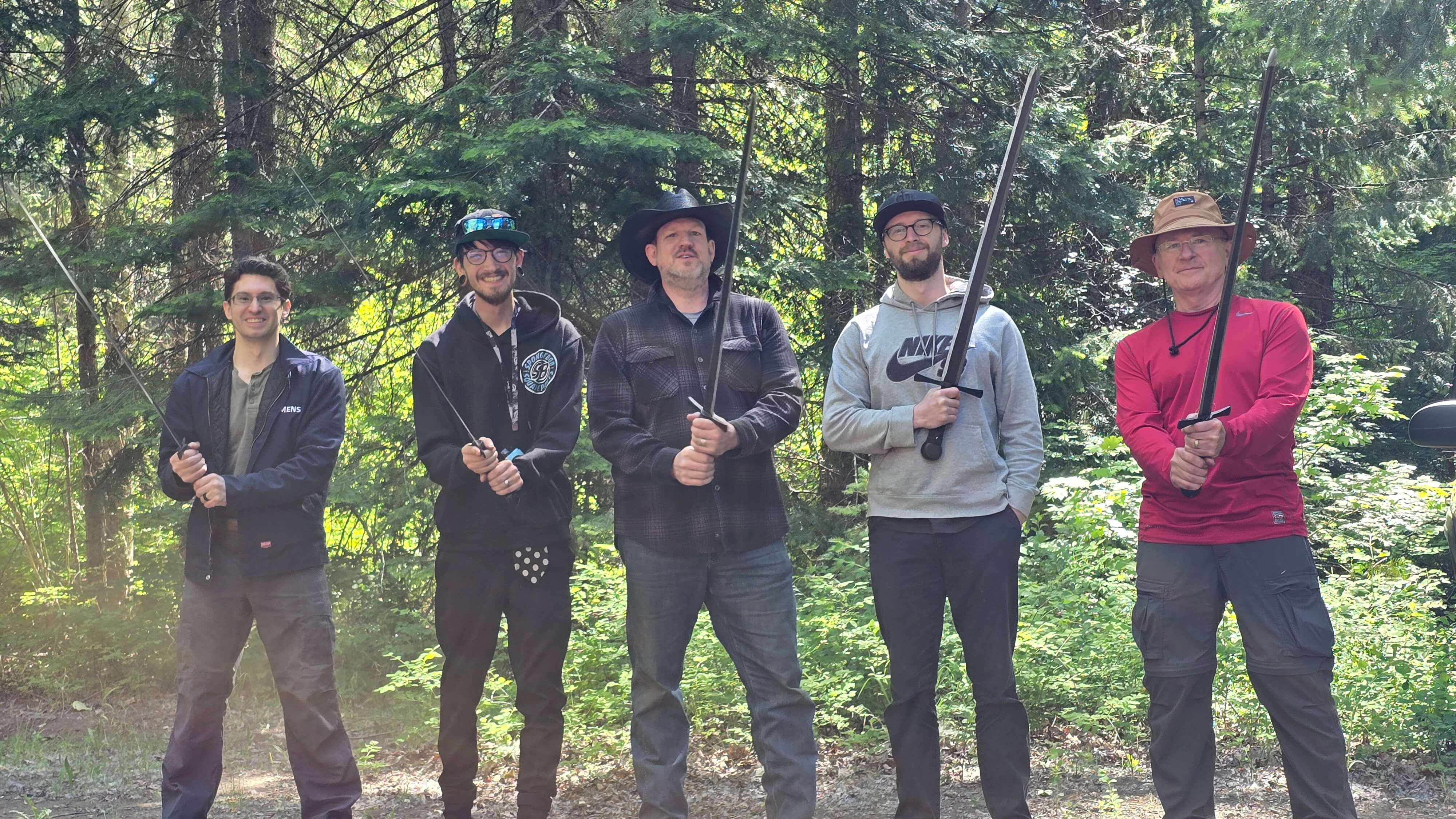 Victory training participants holding swords