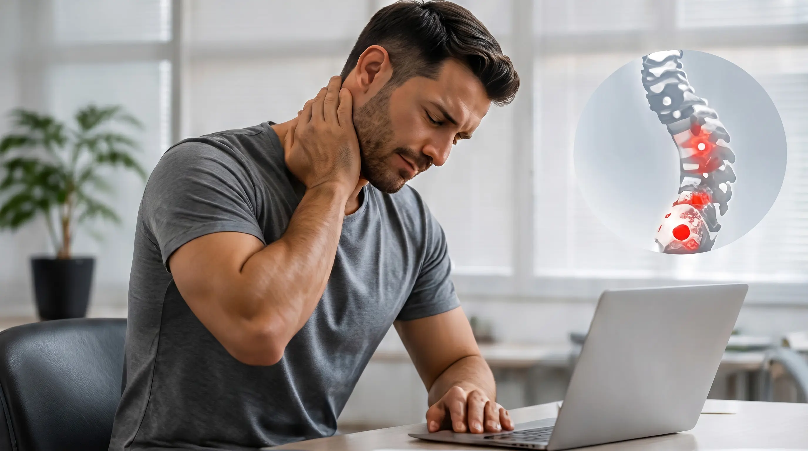 Office worker experiencing neck and back pain at computer
