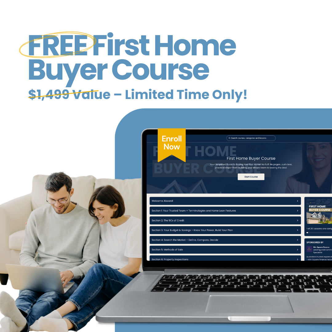 Free First Home Buyer Course promotion from EstateSeeker.ai, showing couple using laptop and online dashboard with real estate education modules