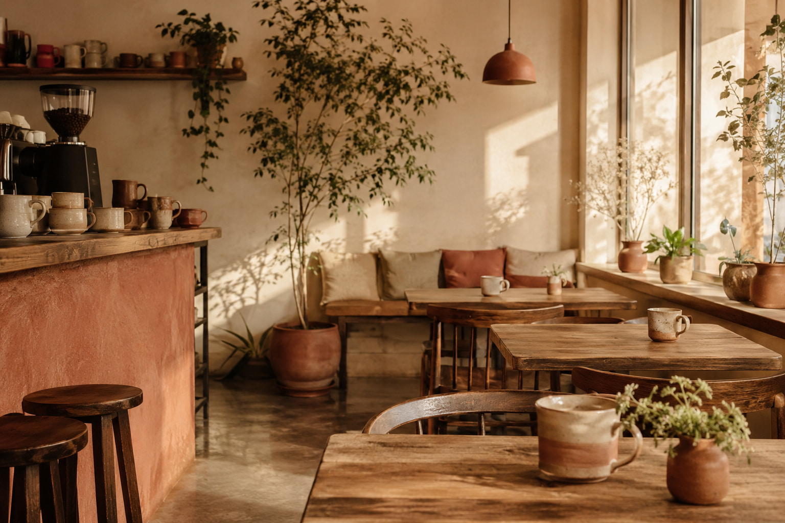 A small corner cafe in soft morning light, wooden tables and handmade ceramic mugs by the window