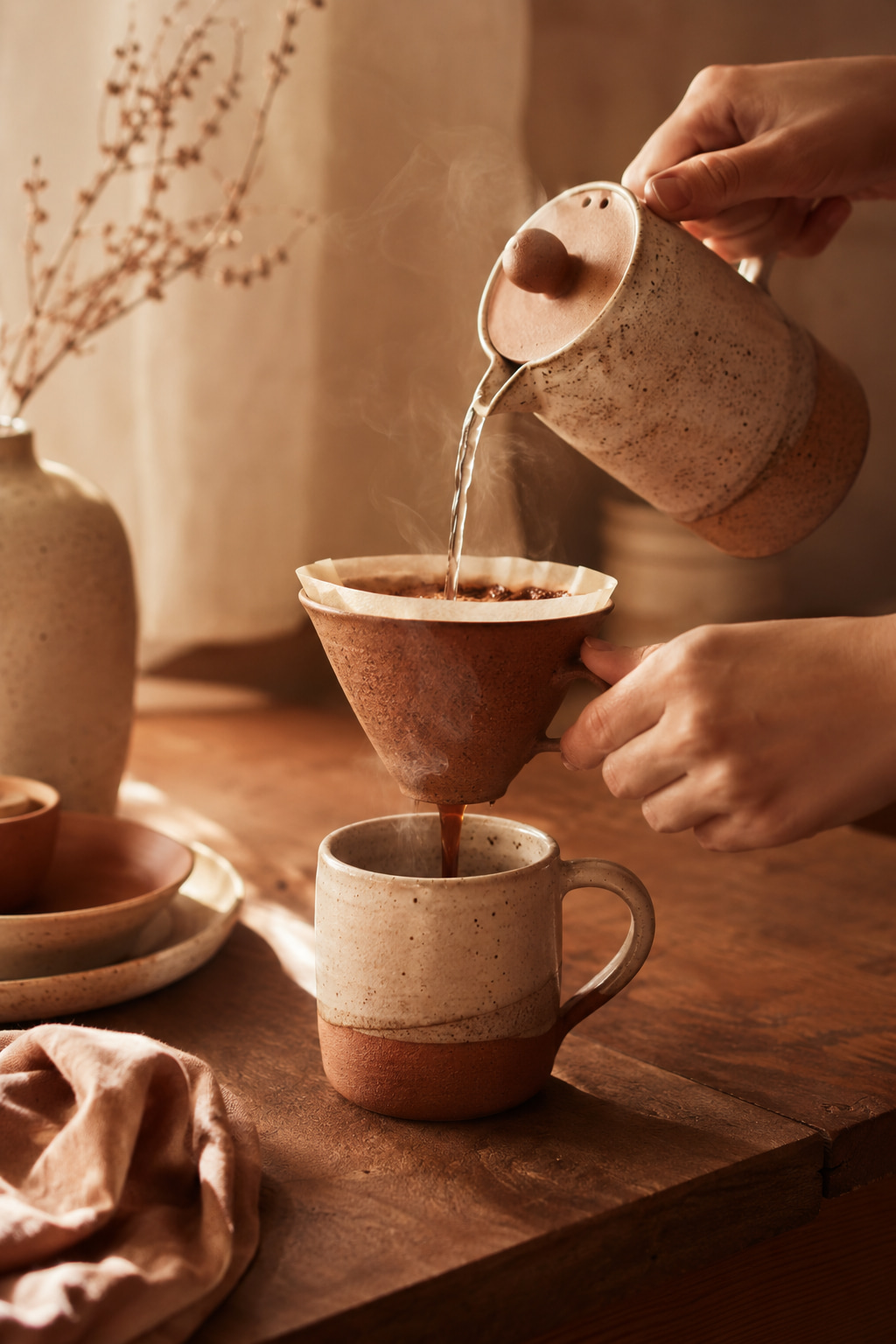 Hands pouring a pour over into a handmade ceramic mug in warm morning light