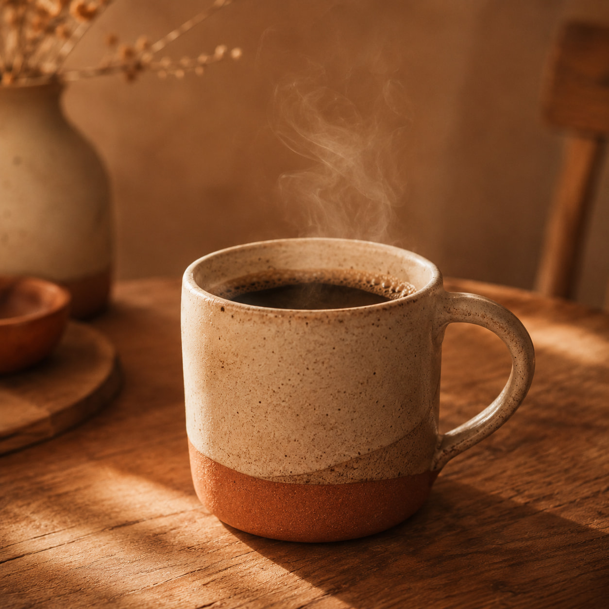 A single pour over coffee in a handmade ceramic mug on a wooden table
