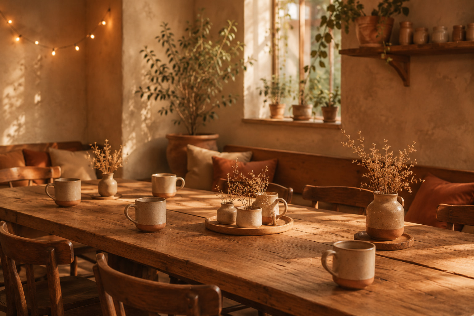 A long wooden table set for a small gathering, ceramic mugs and small flowers in warm light