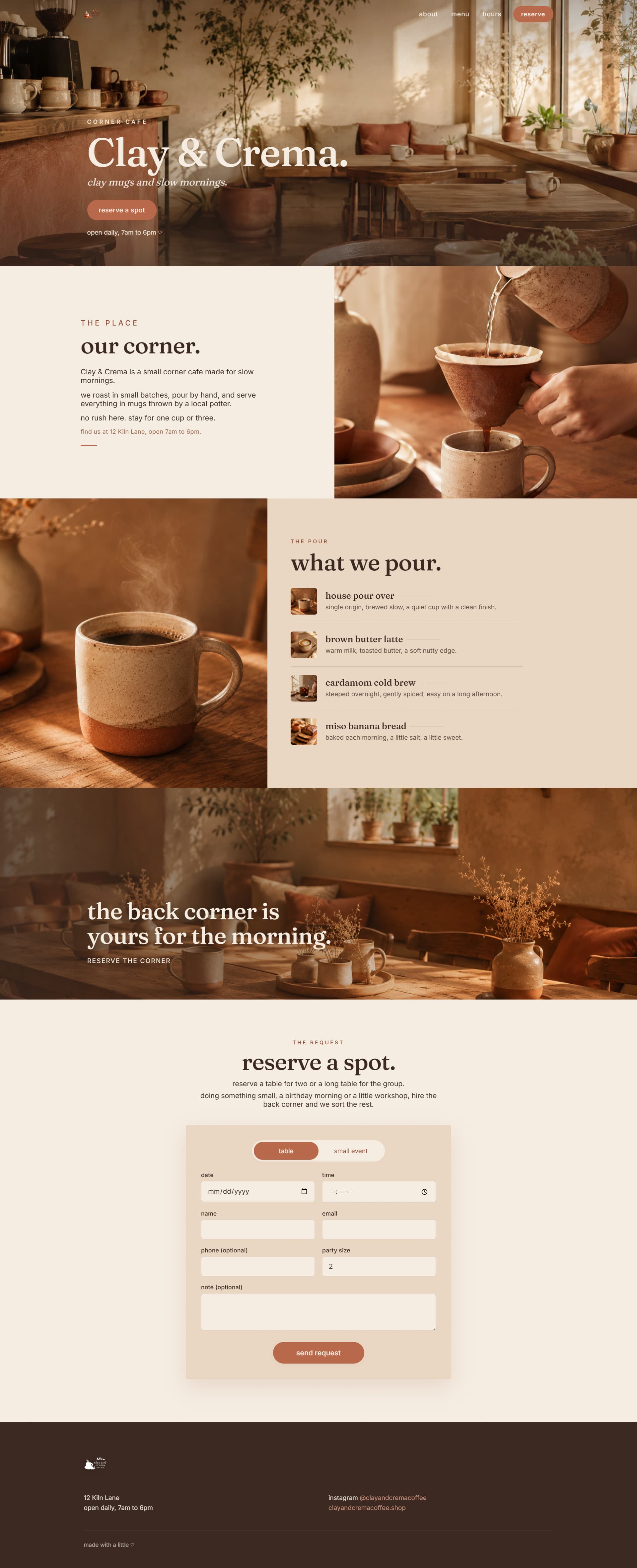 Clay and Crema Coffee booking site