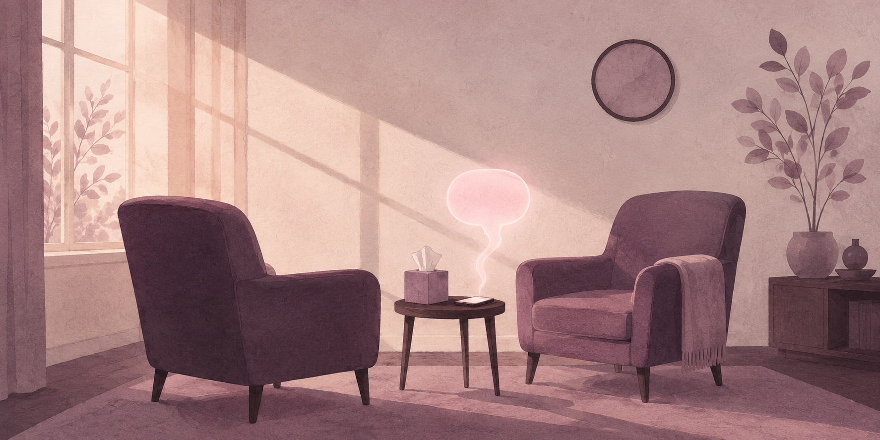 Editorial illustration of a warm therapy office at golden hour with one empty armchair, a clock on the wall, and a phone on the side table lighting up with a single gentle message bubble