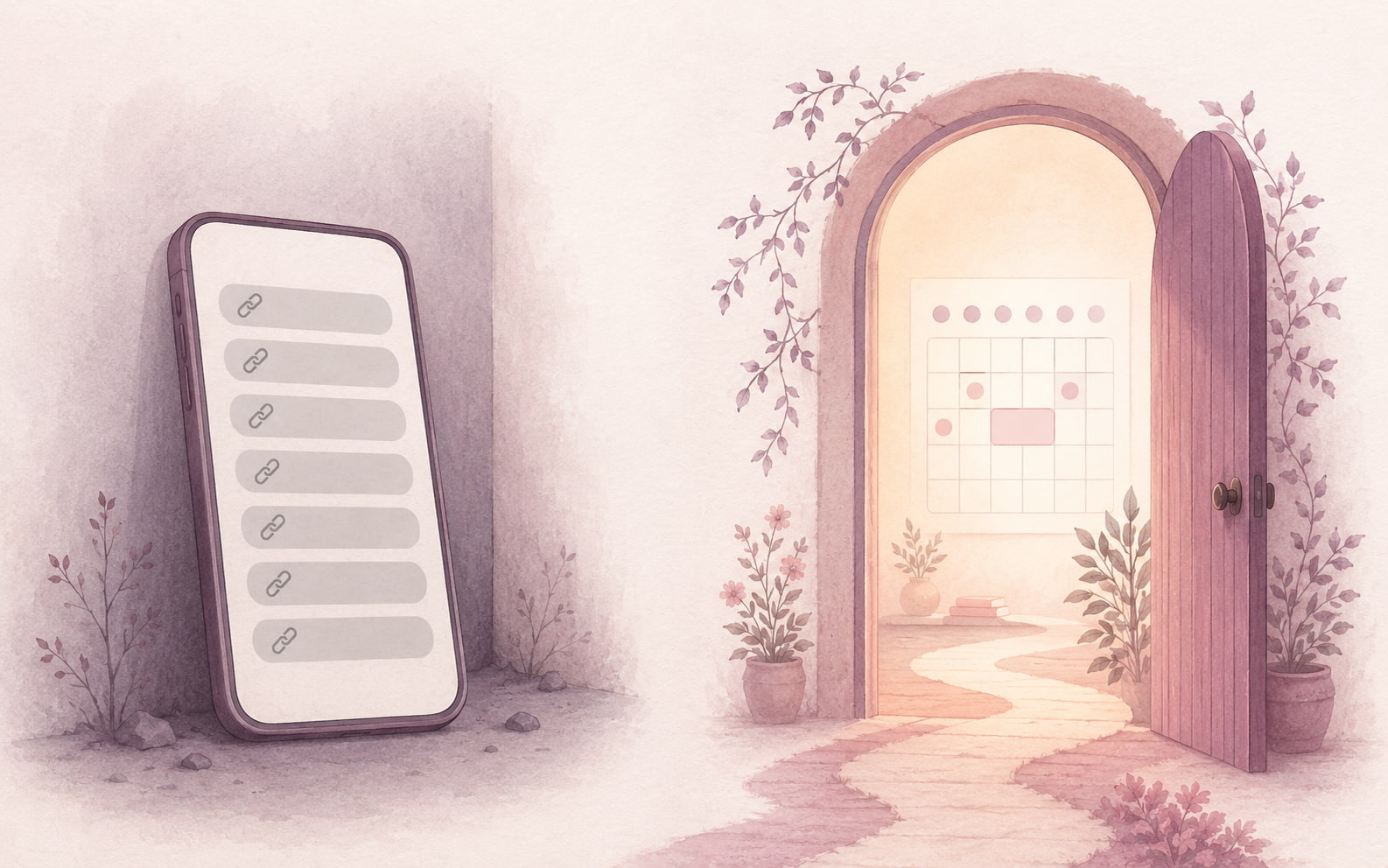 Editorial illustration of a phone showing a stack of plain links beside a warm open doorway with a booking calendar glowing inside, contrasting a link list with a real front door