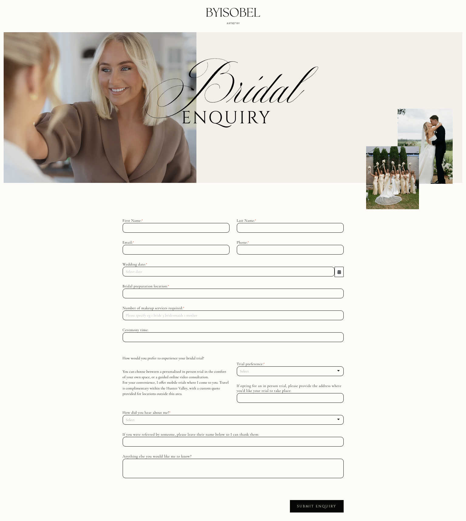 A custom designed Dubsado enquiry form