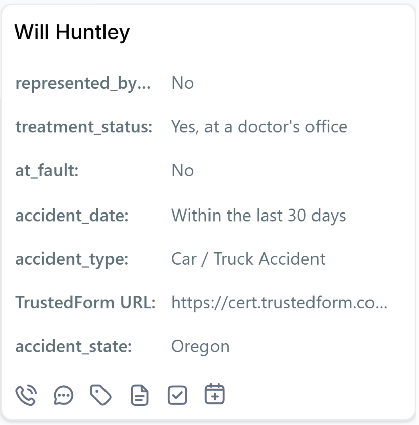 Qualified lead record showing accident type, state, date, fault, treatment status, representation, eligibility ID and TrustedForm certificate