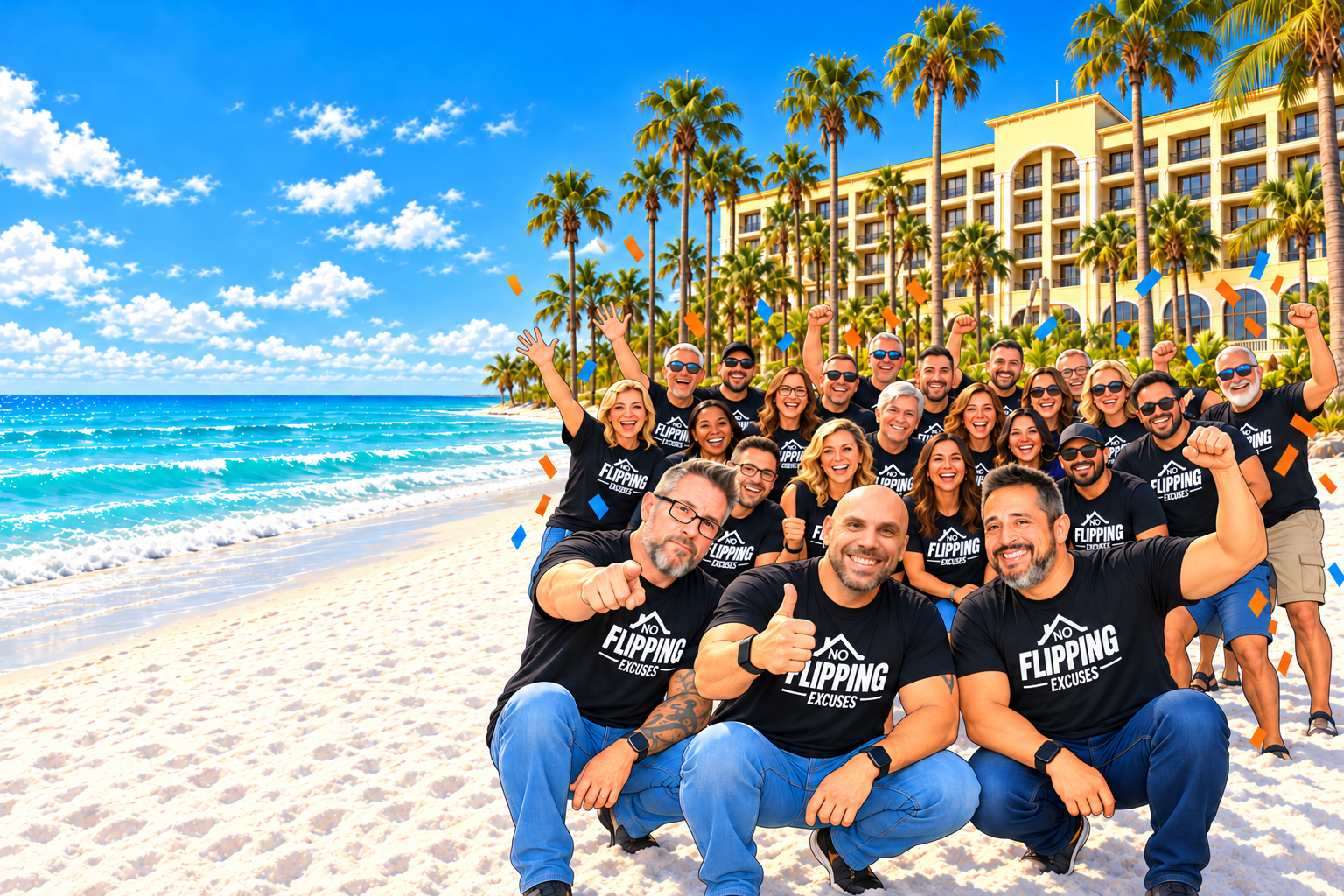 The No Flipping Excuses team and members on the beach at the Sirata