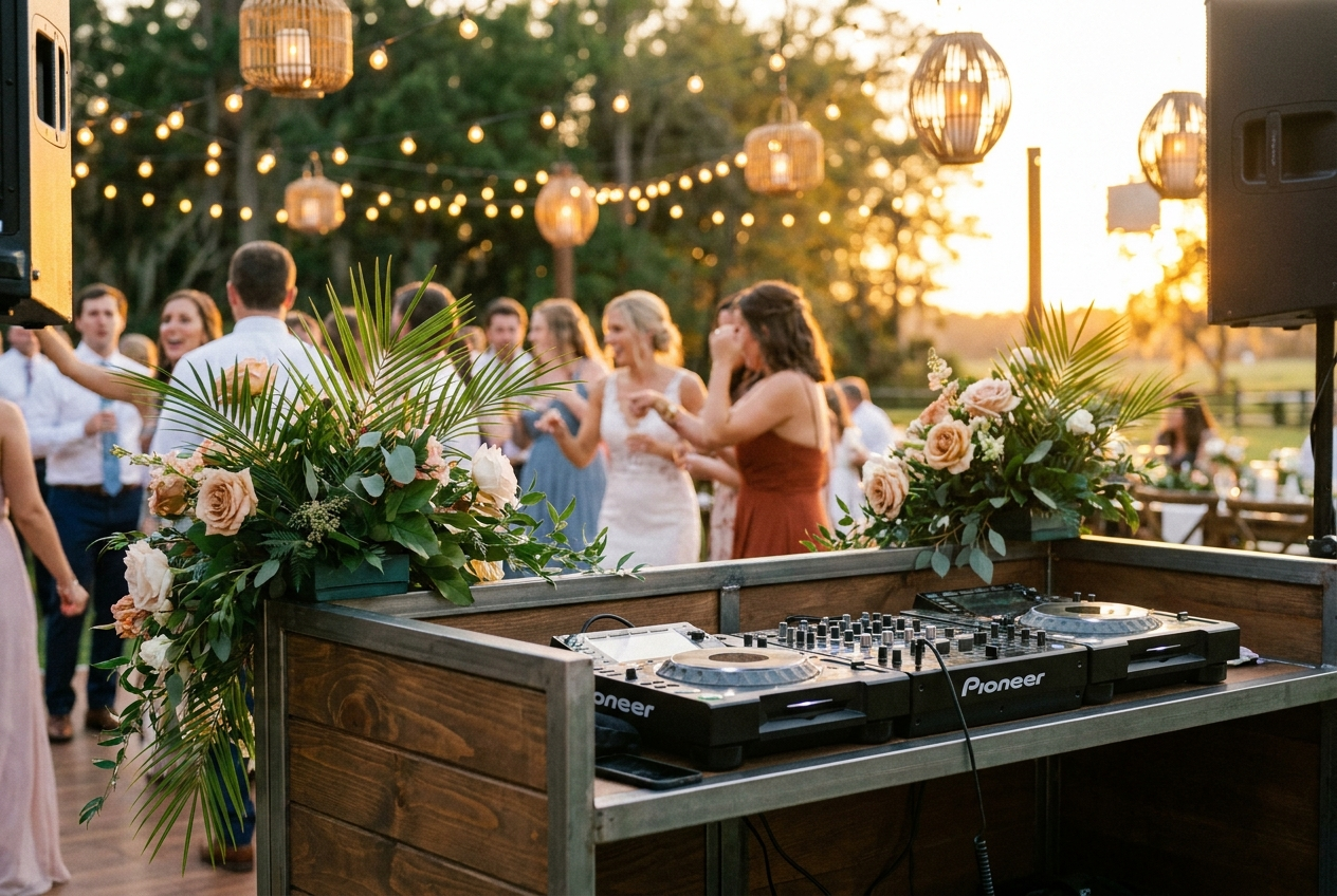 Wedding reception at golden hour with guests dancing under string lights