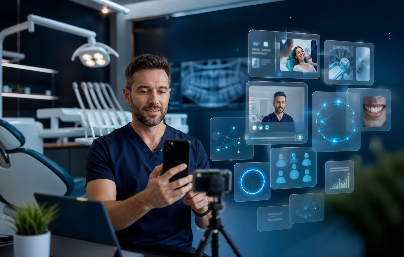 Dentista creando contenido con apoyo de Content IA para su clínica dental