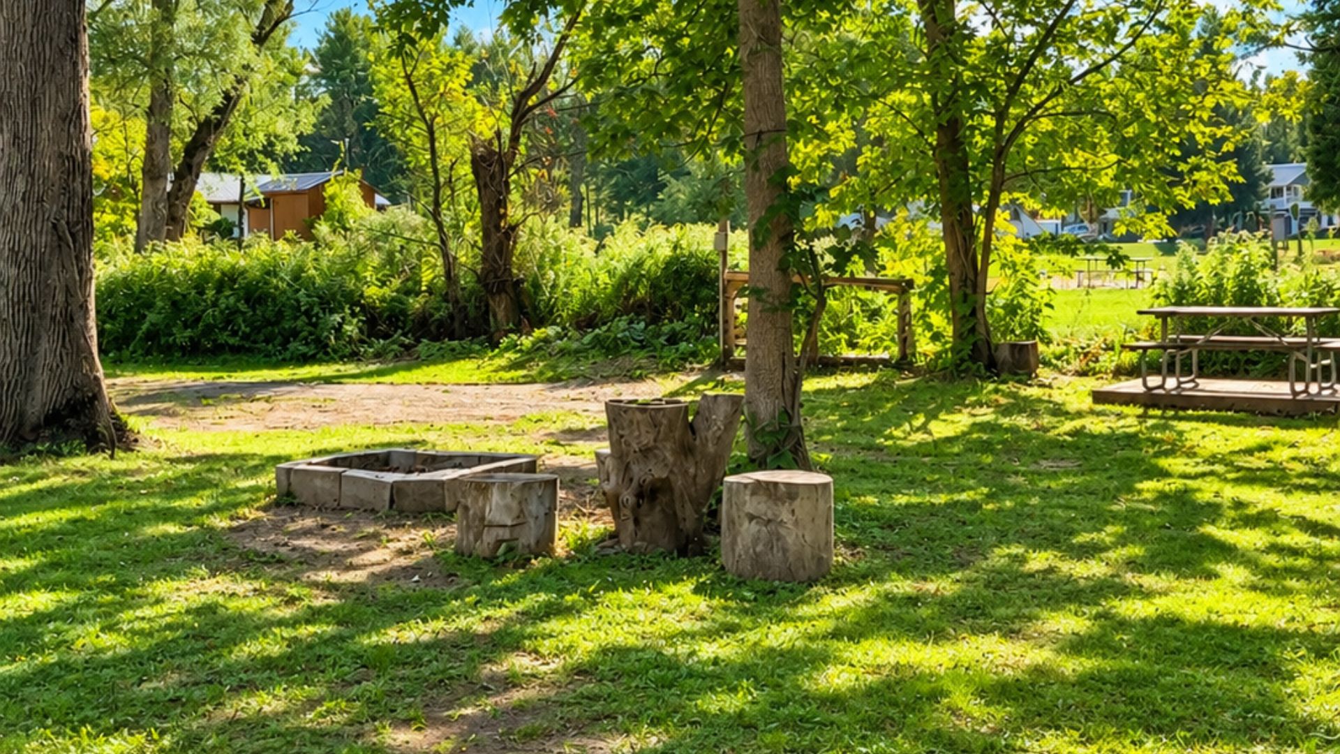 Spacious oversized tent and small camper Site 78 at West Canada Creek Campground in Poland, New York, with a grassy wooded camping area and fire ring.