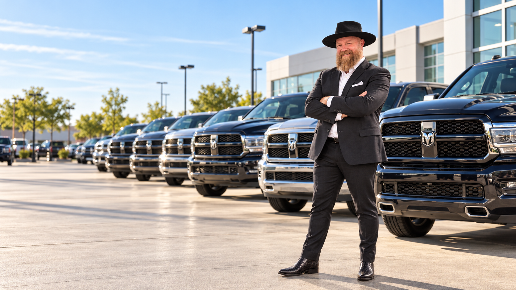 Jacob Robertson, fleet sales professional at Ken Garff West Valley, standing with arms folded in front of pickup trucks
