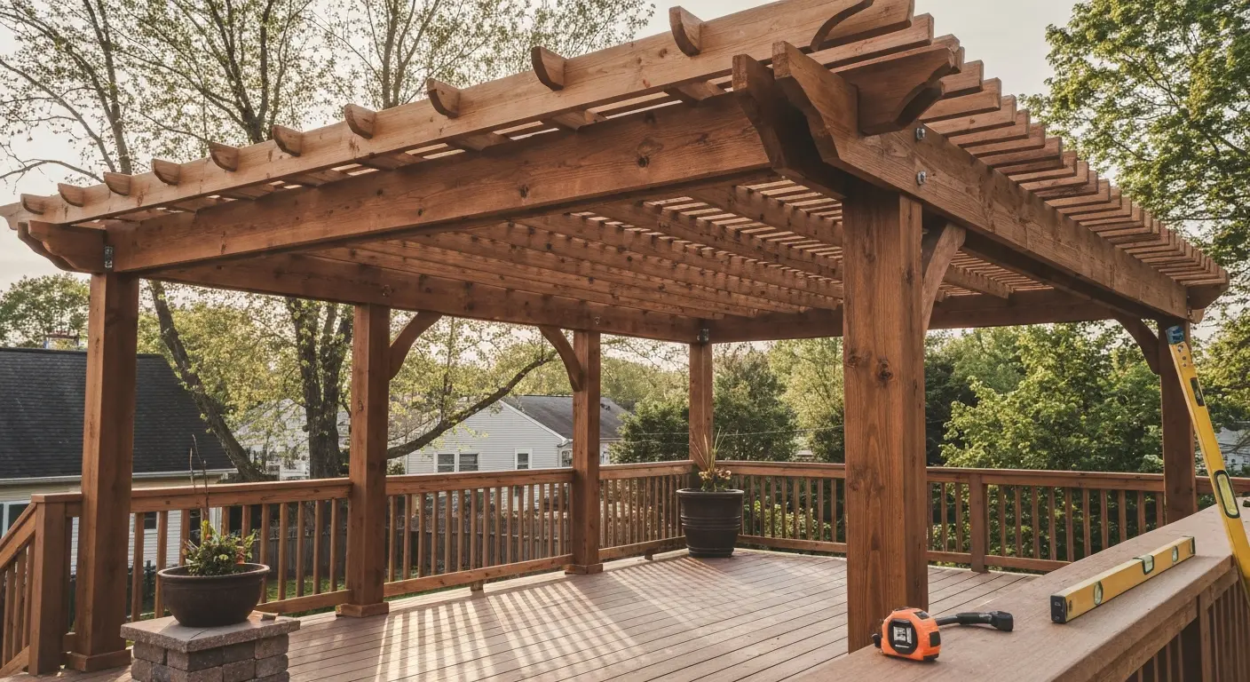 Wooden pergola over deck in Damascus area