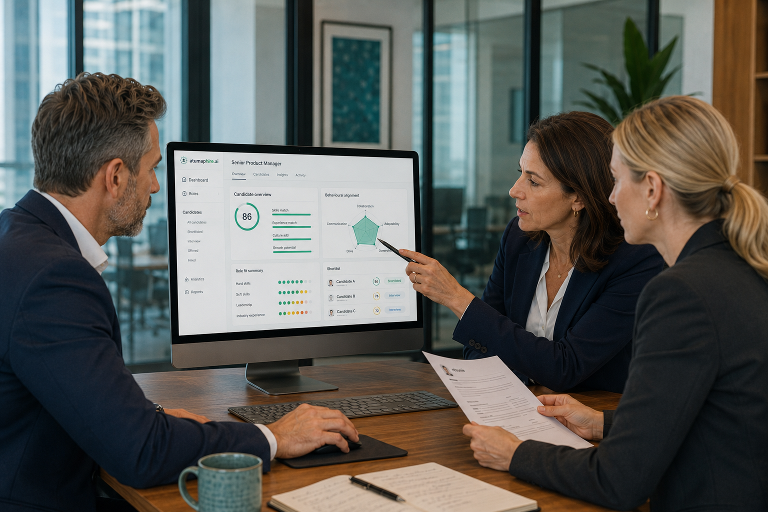 Hiring team using Atumaphire AI insights to evaluate candidate role fit