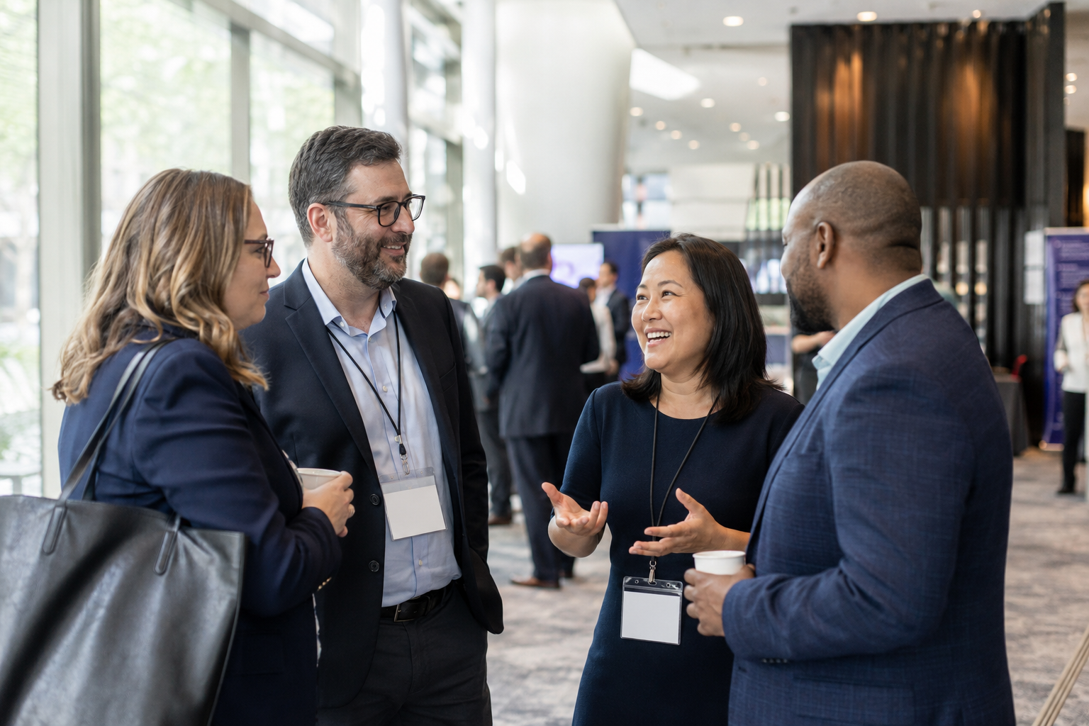 HR and recruitment professionals networking at an industry conference