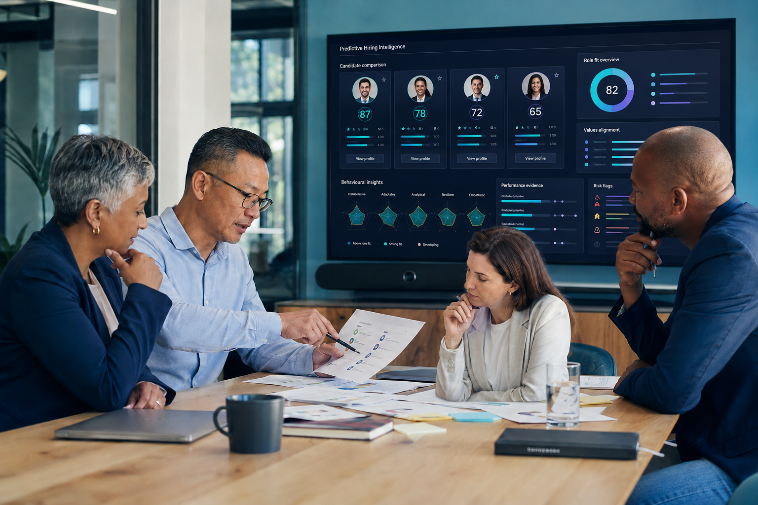 Hiring team reviewing predictive candidate insights to support a human hiring decision