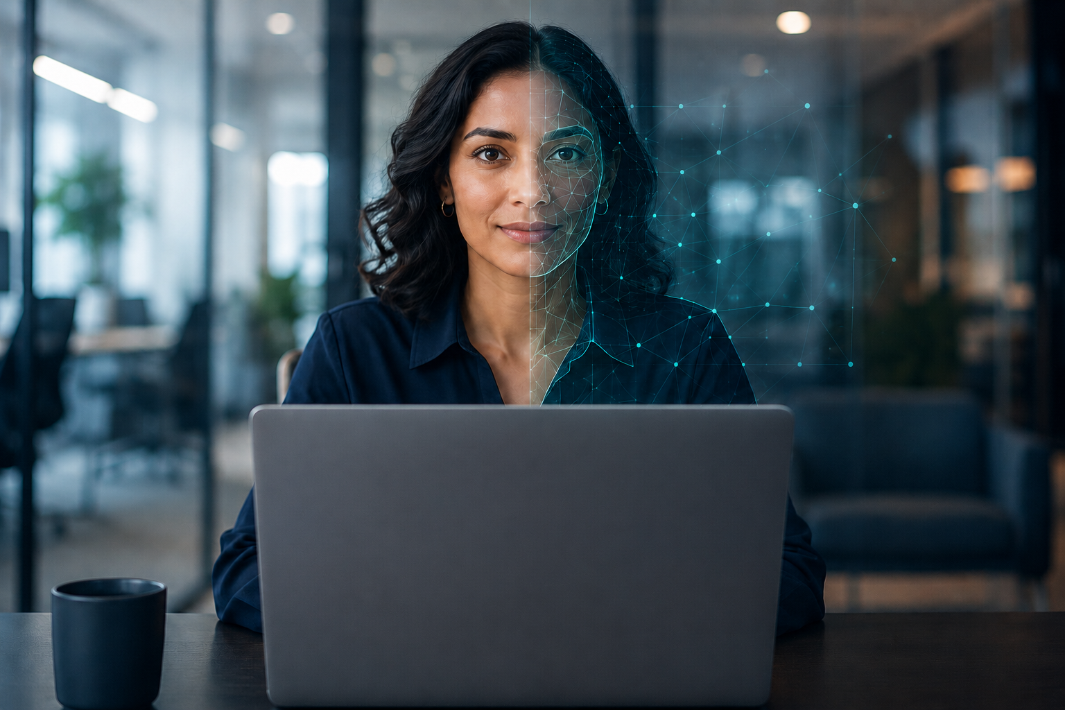 Candidate with a digital AI overlay illustrating synthetic candidacy in modern hiring