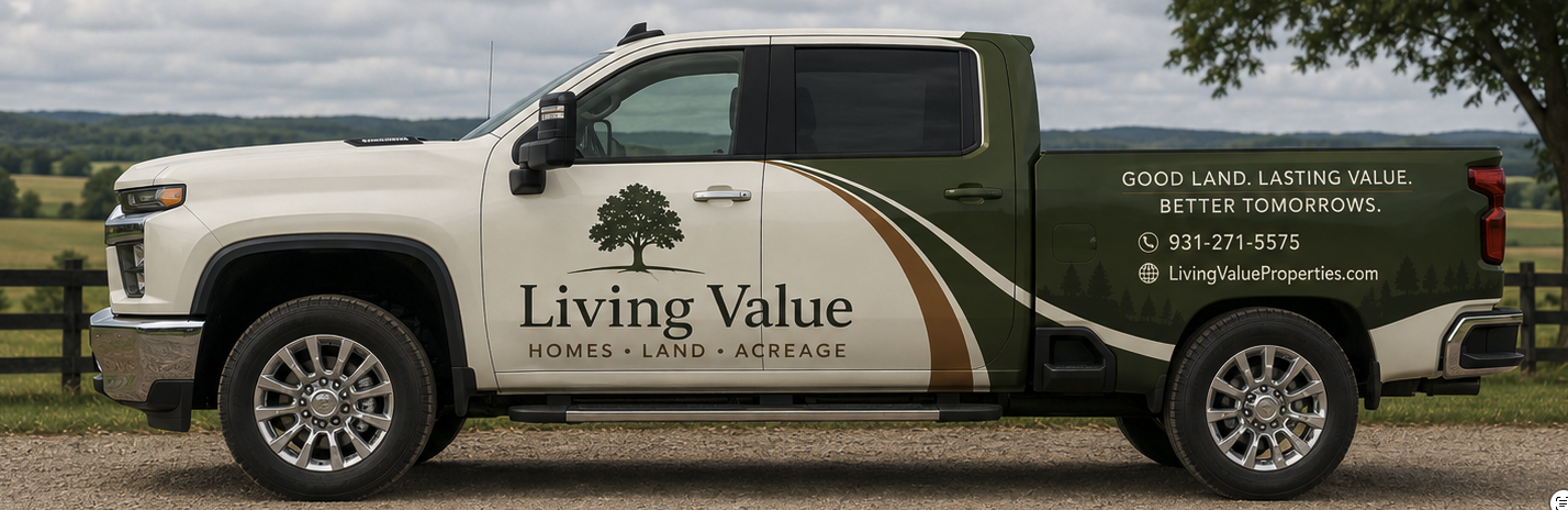 The Living Value Properties truck — Good Land. Lasting Value. Better Tomorrows.