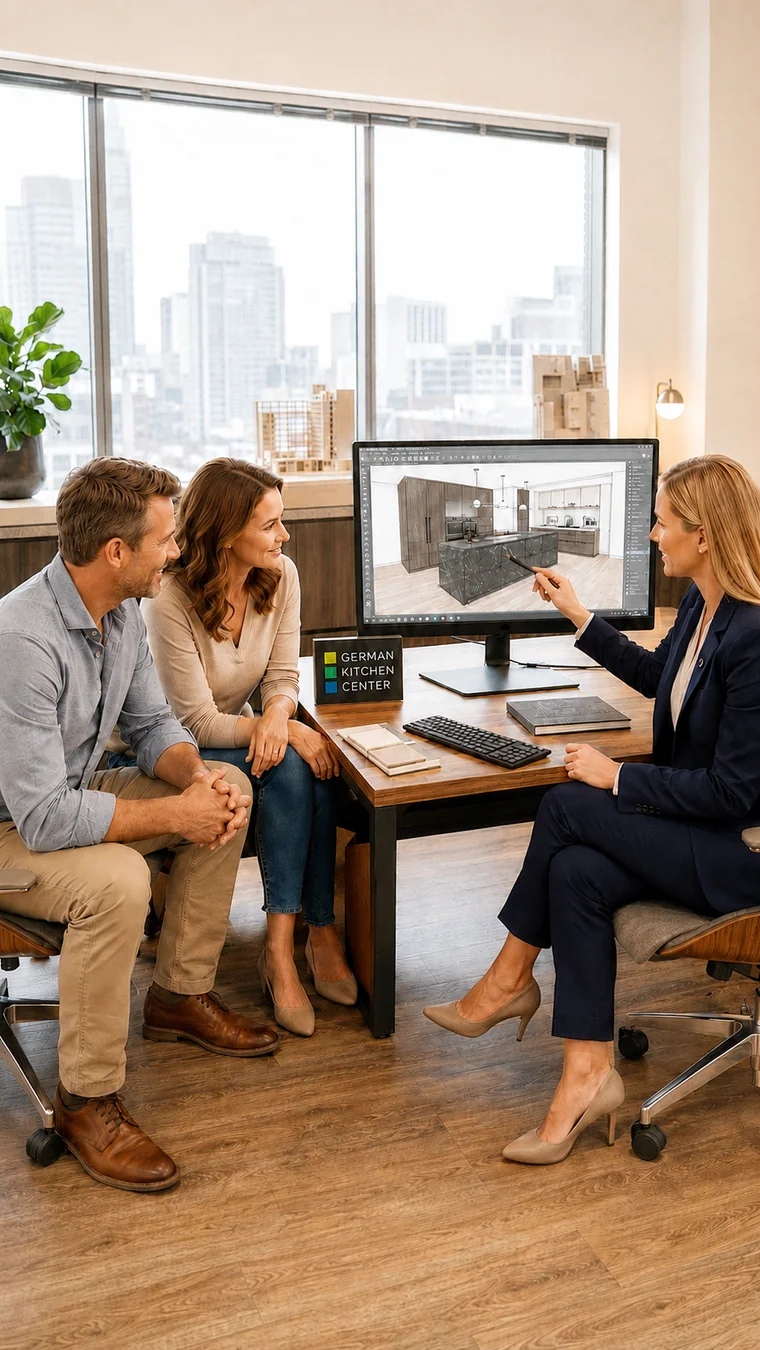A designer presenting a 3D kitchen design to a couple