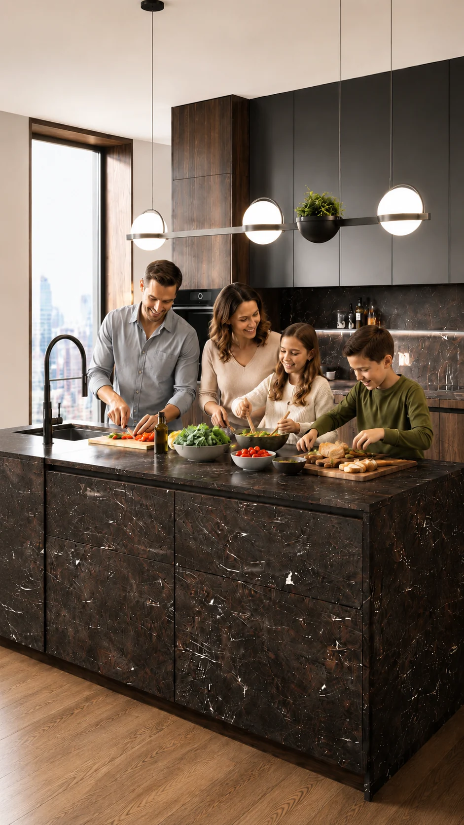 A happy family cooking together in their finished German kitchen