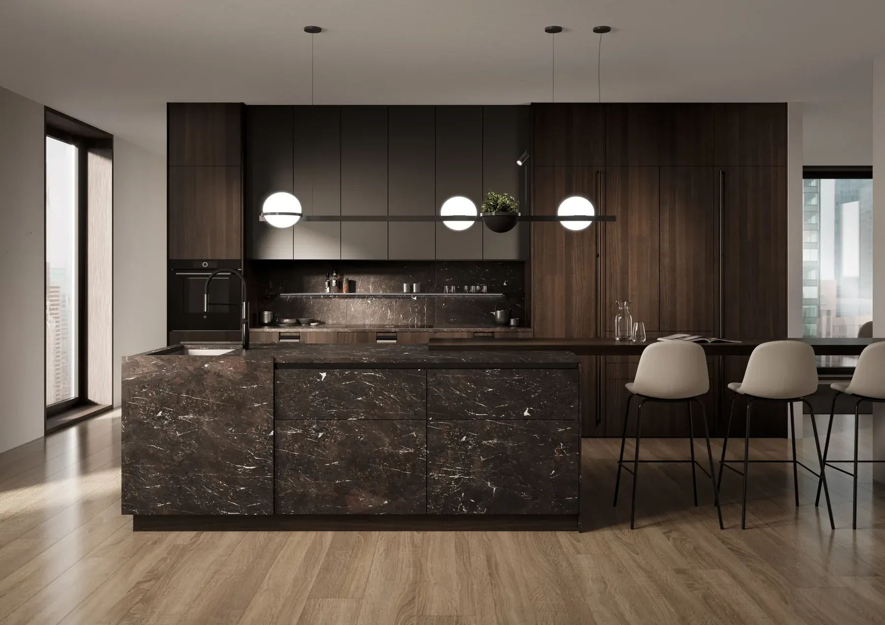 Modern European kitchen with marble island
