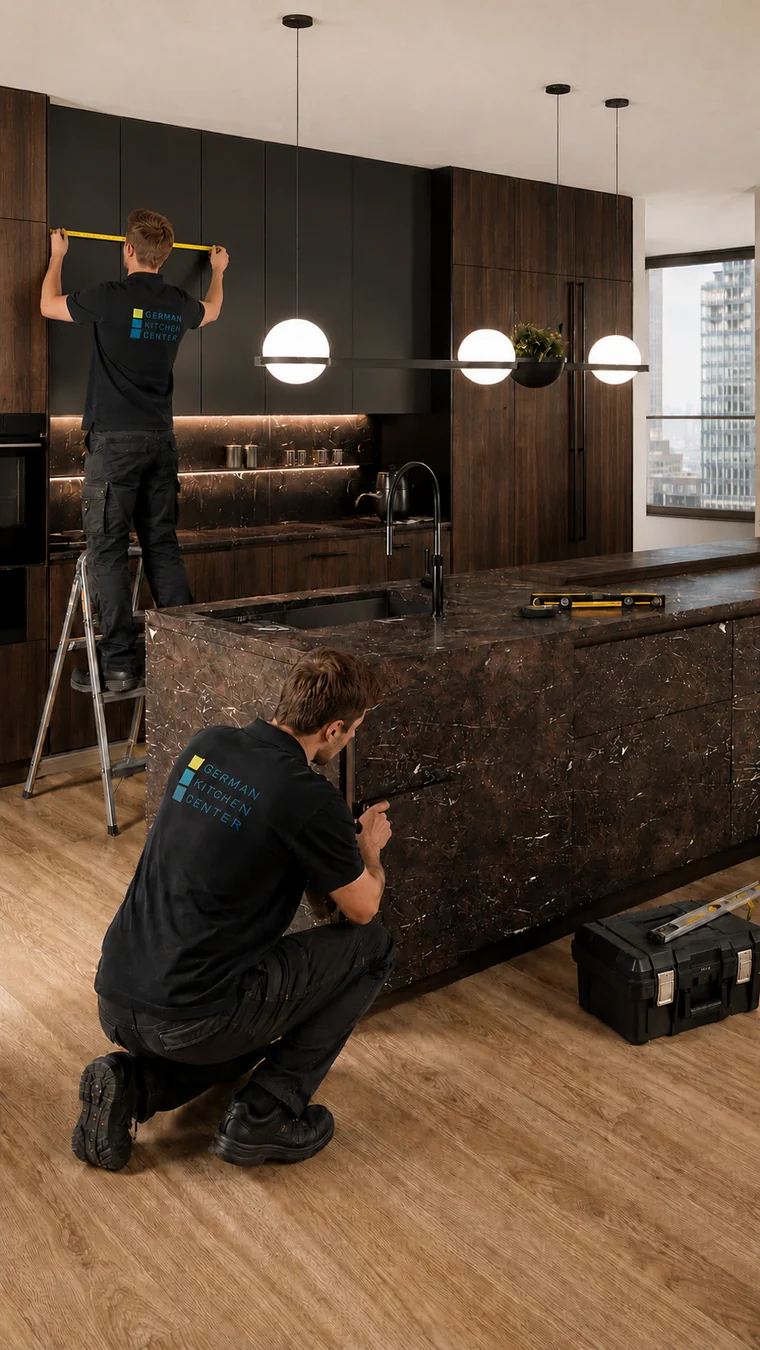 German Kitchen Center installers fitting a finished European kitchen