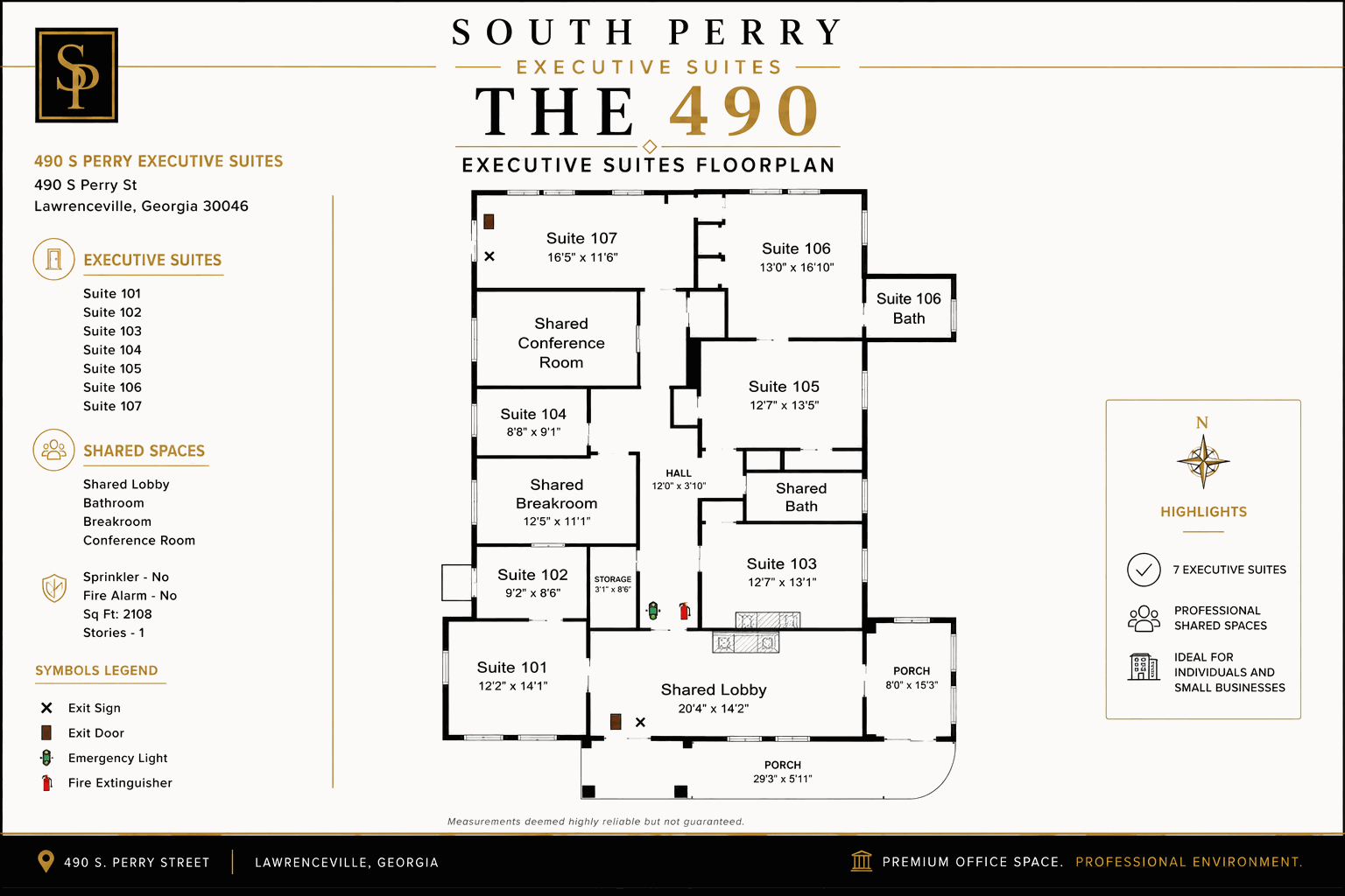 The 490 floor plan — single level, suites 101–107 with shared lobby, conference room, break room and baths