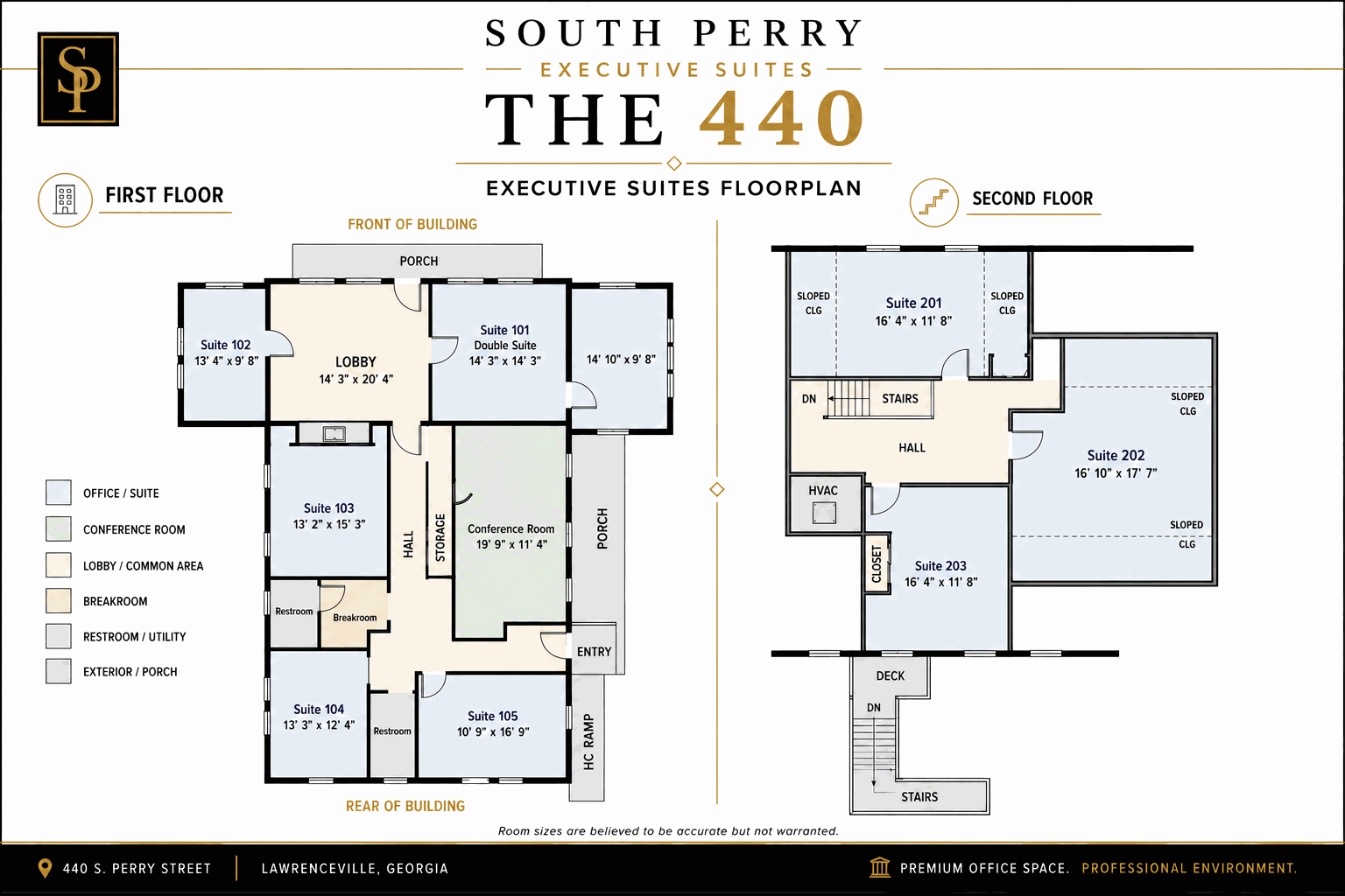 The 440 floor plan — first and second floors, suites 101–105 and 201–203 with shared lobby, conference room, break room and restrooms