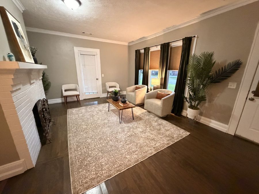 Shared lobby at The 490 with fireplace and seating